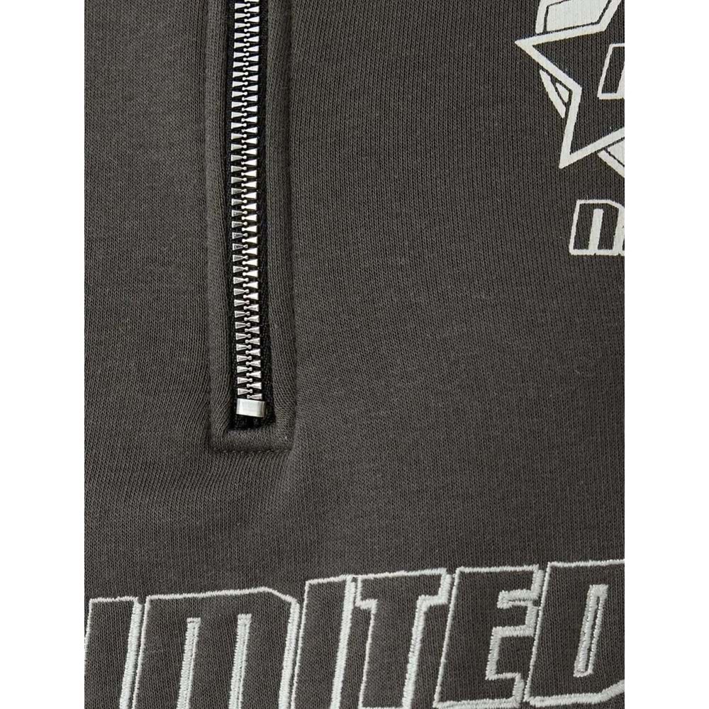 Crop Sweatshirt Yarım Fermuarlı Slogan Baskılı Dik Yaka Şardonlu - KOTON - 5WAL10173IK - GRİ - XS