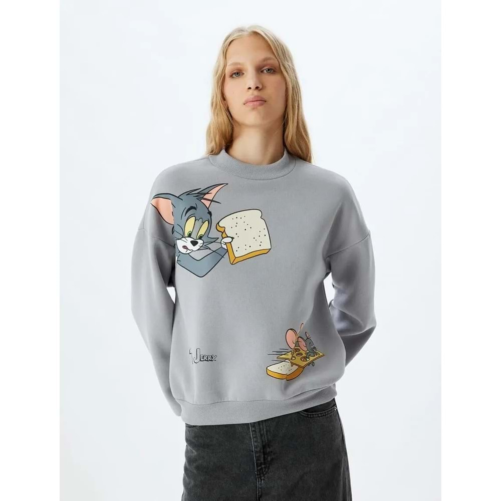 Tom ve Jerry Oversize Sweatshirt Dik Yaka Lisanslı Baskılı Şardonlu 5WAL10196IK