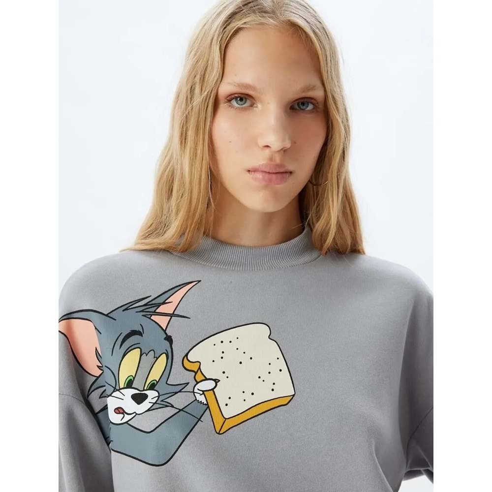 Tom ve Jerry Oversize Sweatshirt Dik Yaka Lisanslı Baskılı Şardonlu 5WAL10196IK