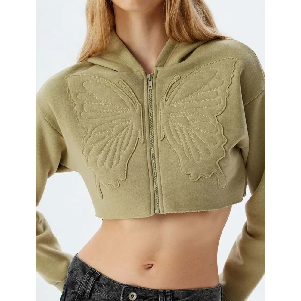 Crop Sweatshirt Fermuarlı Kapüşonlu Kelebek İşlemeli - KOTON - 5WAL10452IK - HAKİ - L