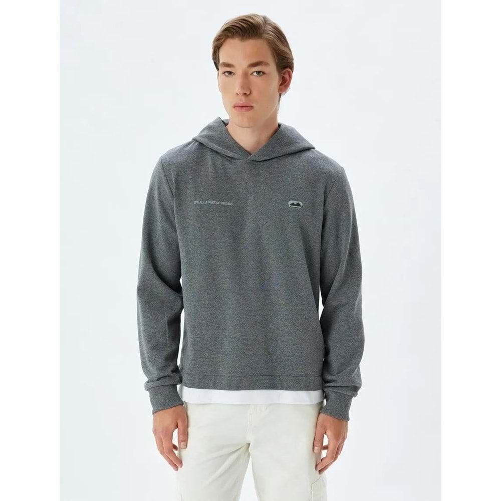 Kapşonlu Sweatshirt Slogan İşlemeli Yıkamalı Pamuk Karışımlı - KOTON - 5WAM70010MK - ANTRASİT - L