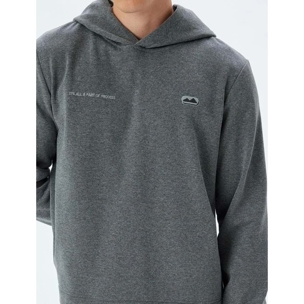 Kapşonlu Sweatshirt Slogan İşlemeli Yıkamalı Pamuk Karışımlı - KOTON - 5WAM70010MK - ANTRASİT - L