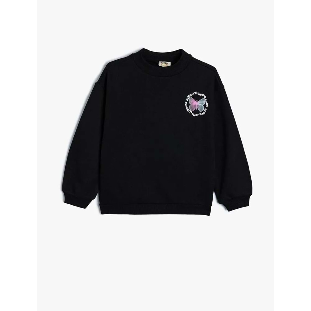 Kız Çocuk Sweatshirt Kelebek Baskılı Bisiklet Yaka Uzun Kollu Şardonlu