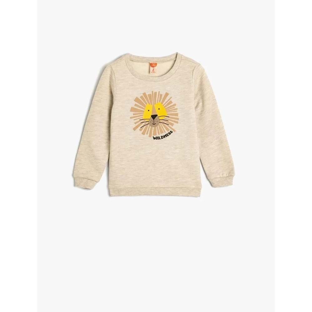 Erkek Bebek Sweatshirt Aslan Baskılı Uzun Kollu Şardonlu Pamuklu - KOTON - 5WMB10181TK - BEJ - 24-36 AY