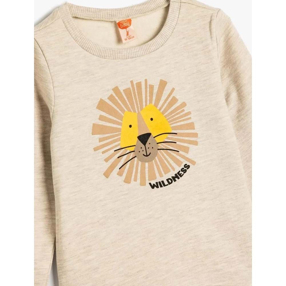 Erkek Bebek Sweatshirt Aslan Baskılı Uzun Kollu Şardonlu Pamuklu - KOTON - 5WMB10181TK - BEJ - 24-36 AY