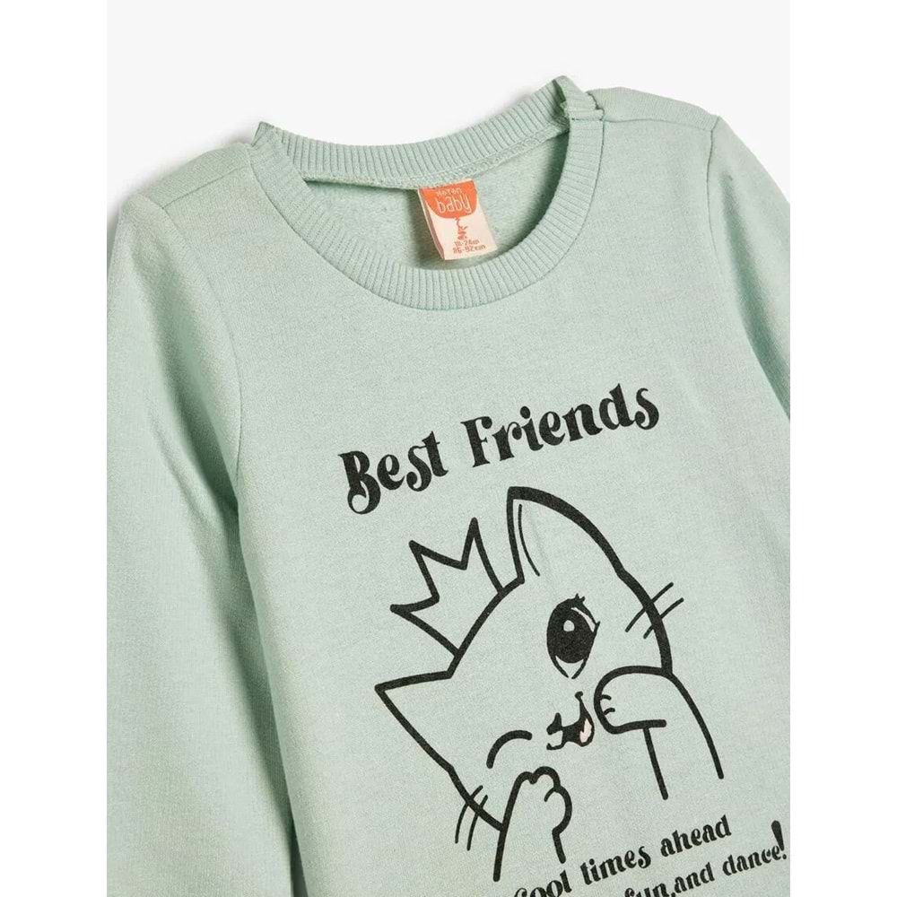 Kız Bebek Sweatshirt Uzun Kollu Kedi Baskılı - KOTON - 5WMG10108AK - MAVİ - 12-18 AY