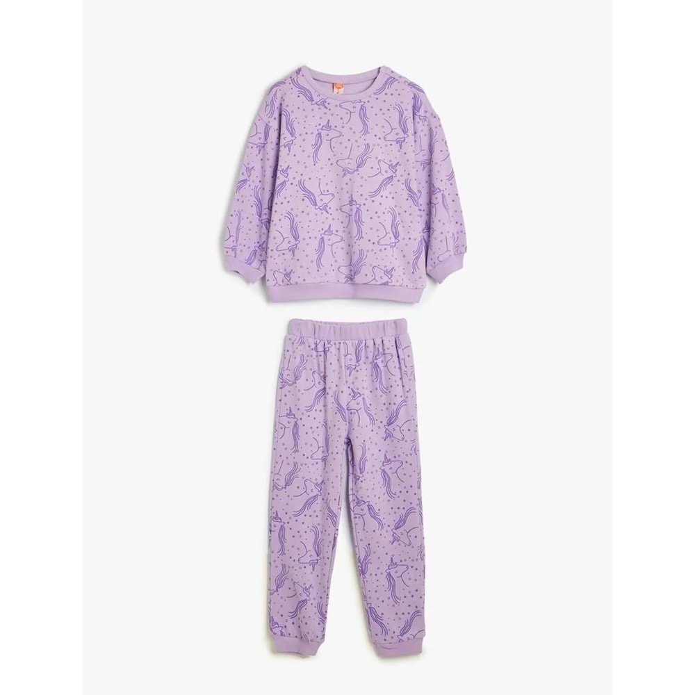 Kız Bebek Eşofman Takımı Unicorn Baskılı Pamuklu Şardonlu - KOTON - 5WMG10055AK - LİLA DESENLİ - 4-5 YAŞ