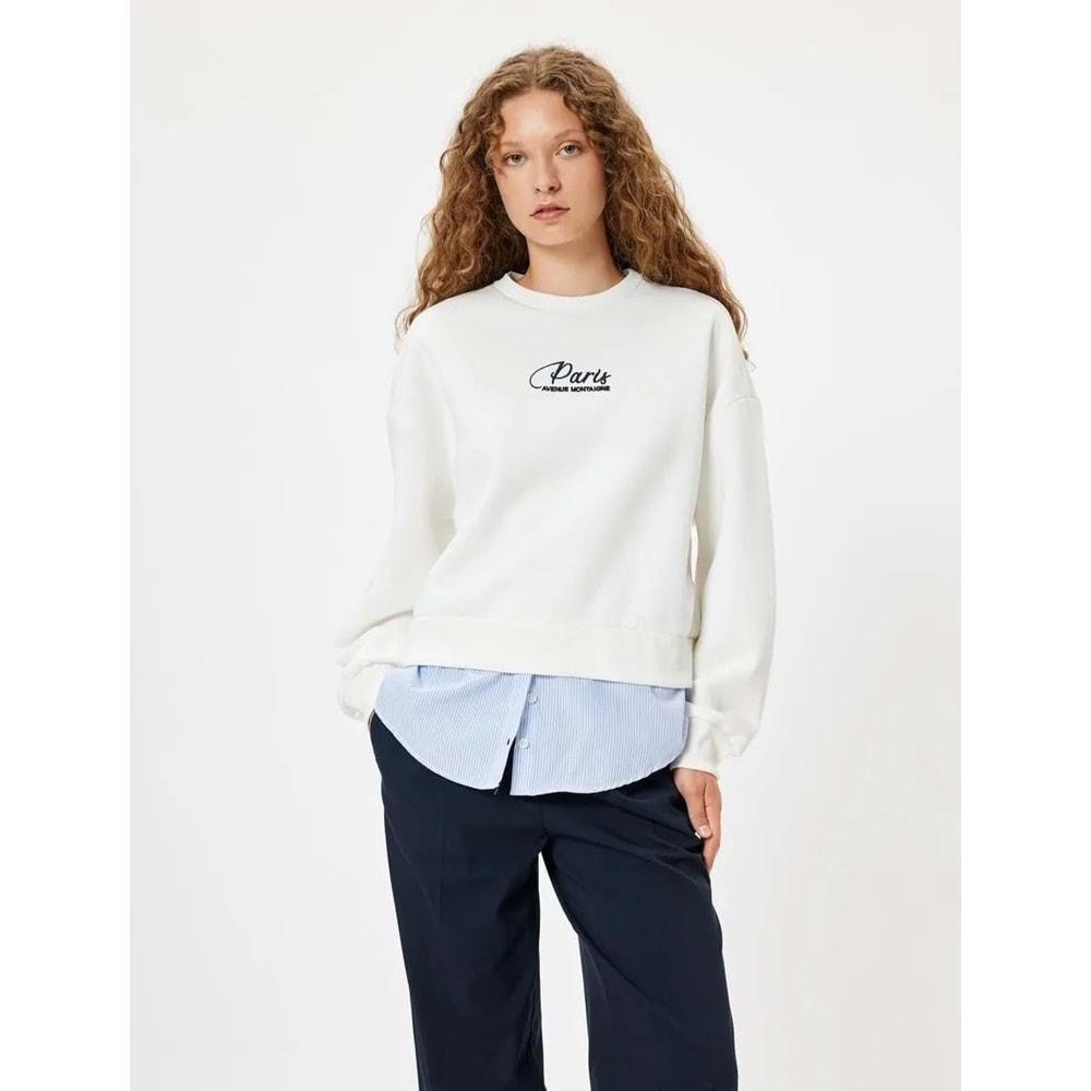 Oversize Sweatshirt Bisiklet Yaka Sloganlı Kumaş Detaylı - KOTON - 5WAL10212IK - EKRU - M