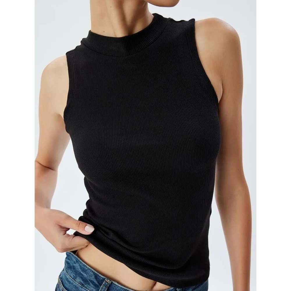 Basic Atlet Fitilli Kolsuz Dik Yaka Slim Fit - KOTON - 5WAL30007IK - SİYAH - S