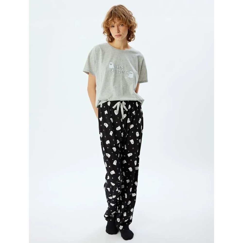 Pijama Takımı Baskılı Kısa Kollu Tişört ve Alt - 5WLK40037MK - S - ST00007448-417945