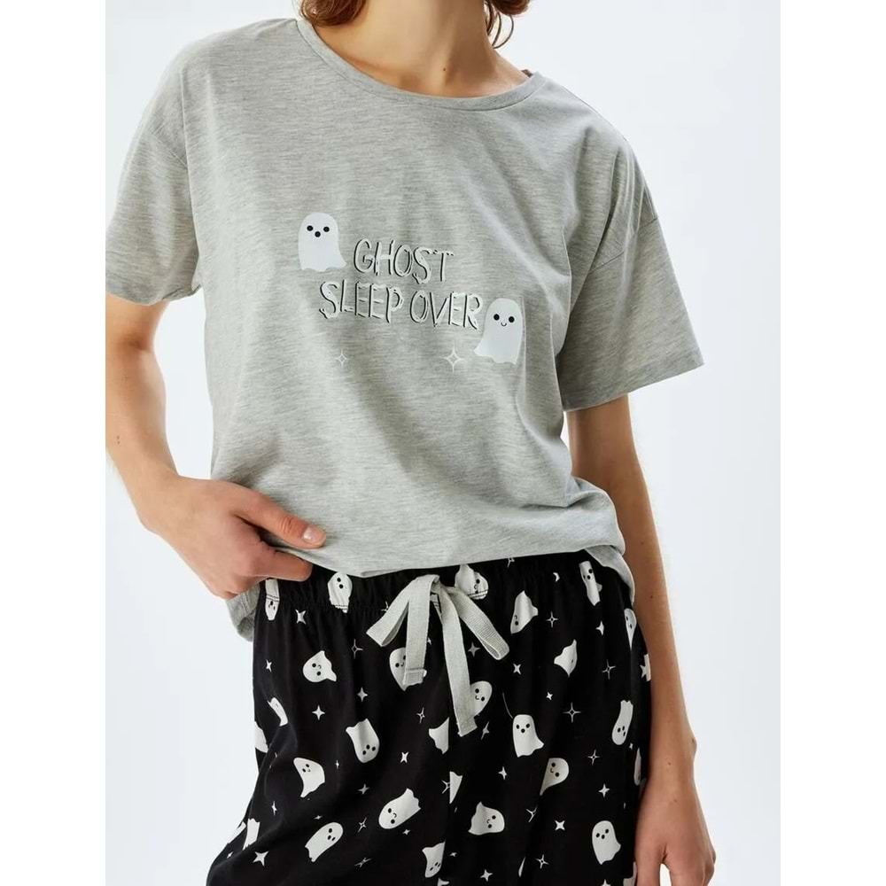 Pijama Takımı Baskılı Kısa Kollu Tişört ve Alt - 5WLK40037MK - S - ST00007448-417945