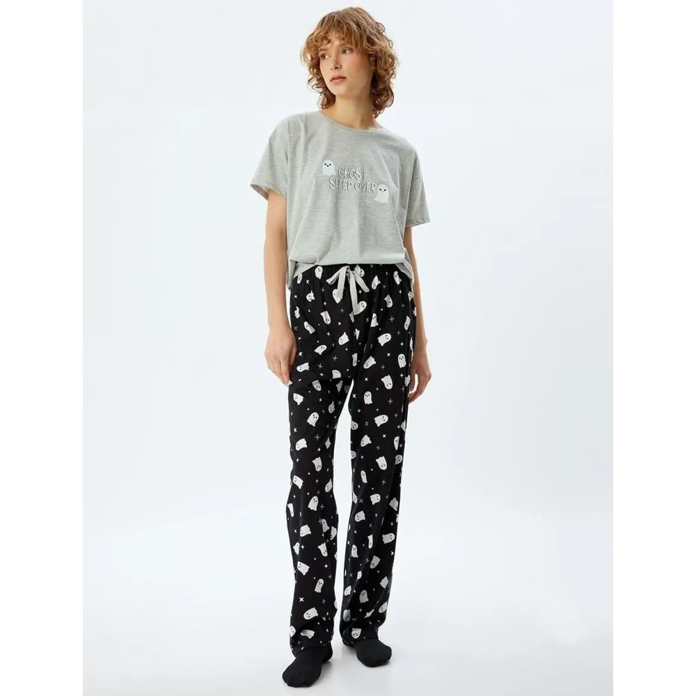 Pijama Takımı Baskılı Kısa Kollu Tişört ve Alt - 5WLK40037MK - S - ST00007448-417945