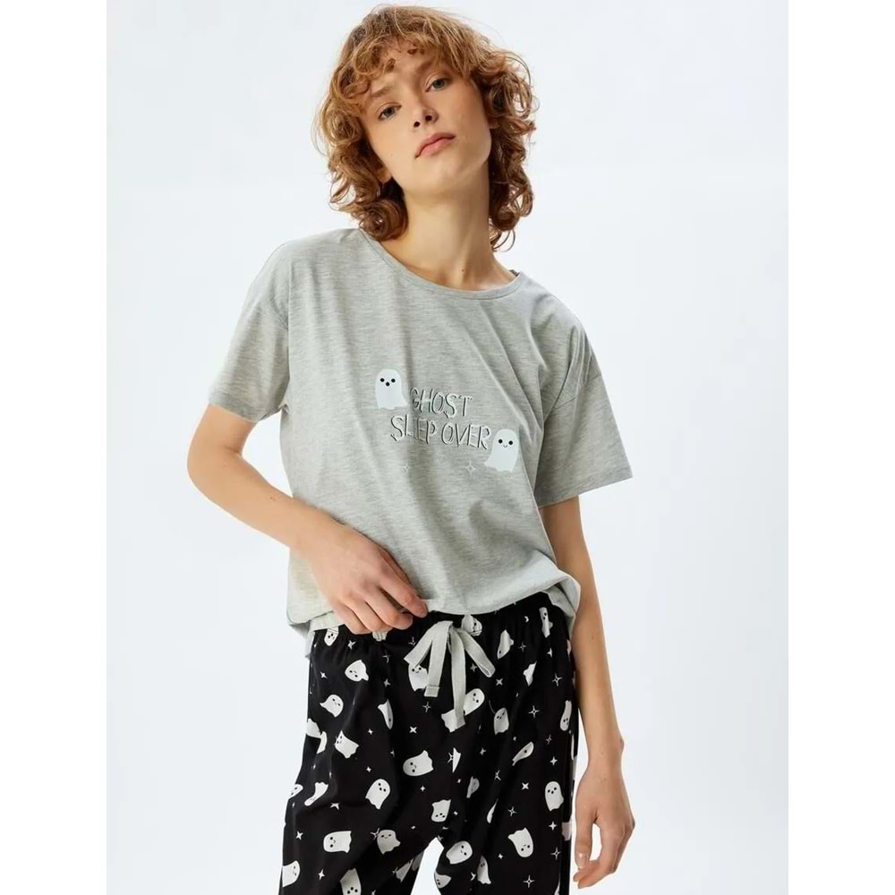 Pijama Takımı Baskılı Kısa Kollu Tişört ve Alt - 5WLK40037MK - S - ST00007448-417945