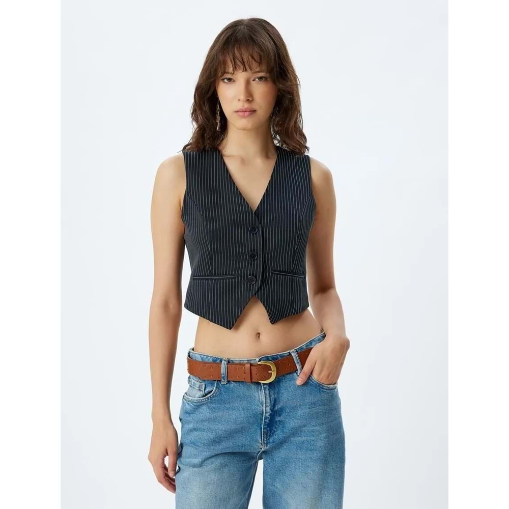 Yelek V Yaka Düğmeli Cepli Regular Fit - KOTON - 5WAK20241EW - LACİVERT ÇİZGİLİ - 40