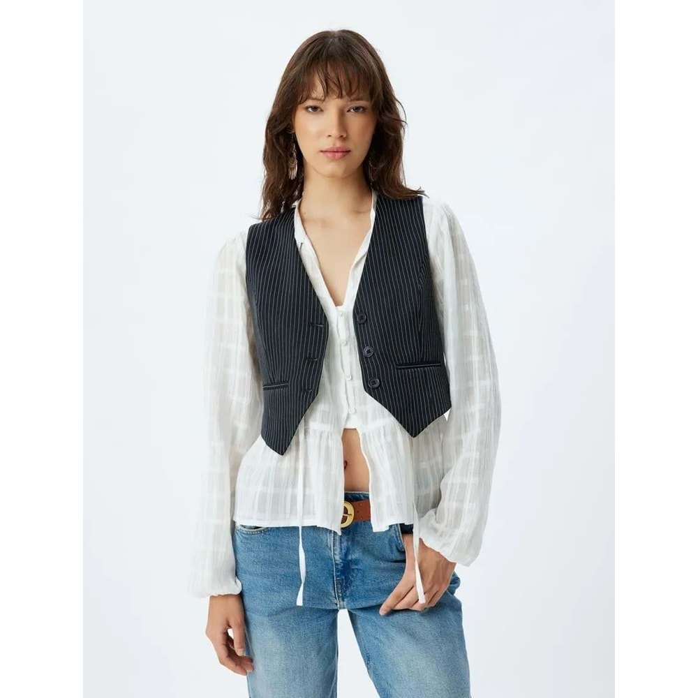 Yelek V Yaka Düğmeli Cepli Regular Fit - KOTON - 5WAK20241EW - LACİVERT ÇİZGİLİ - 40