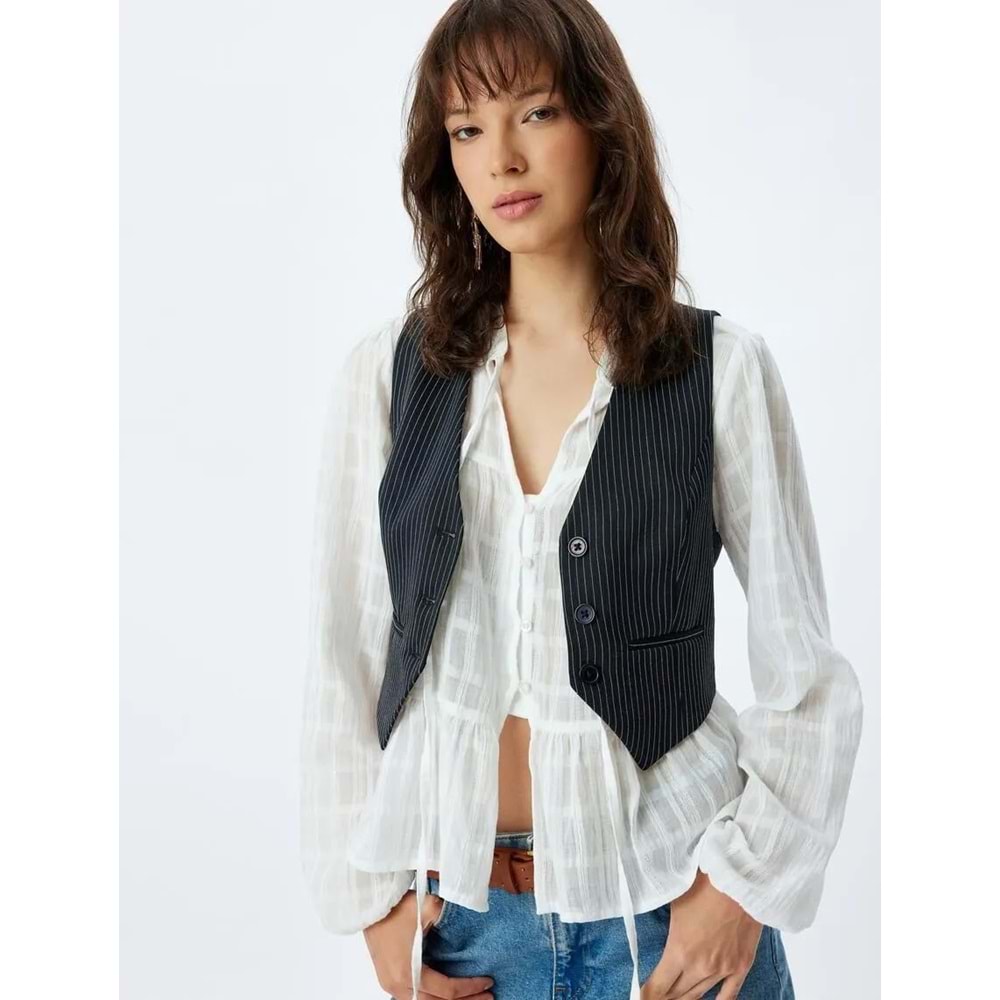 Yelek V Yaka Düğmeli Cepli Regular Fit - KOTON - 5WAK20241EW - LACİVERT ÇİZGİLİ - 40