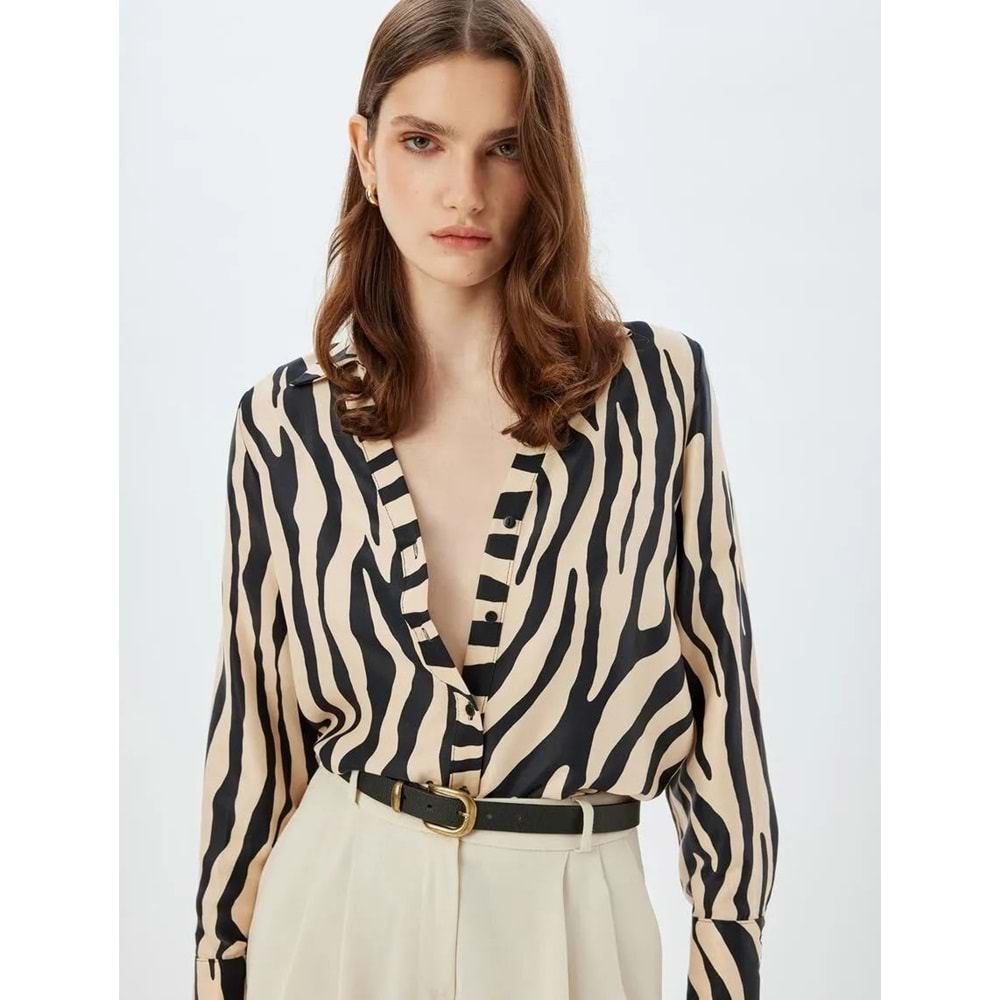 Zebra Desenli Gömlek Uzun Kollu V Yaka - KOTON - 5WAK60053UW - Siyah Desenli - 34