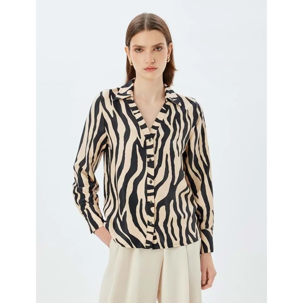 Zebra Desenli Gömlek Uzun Kollu V Yaka - KOTON - 5WAK60053UW - Siyah Desenli - 36