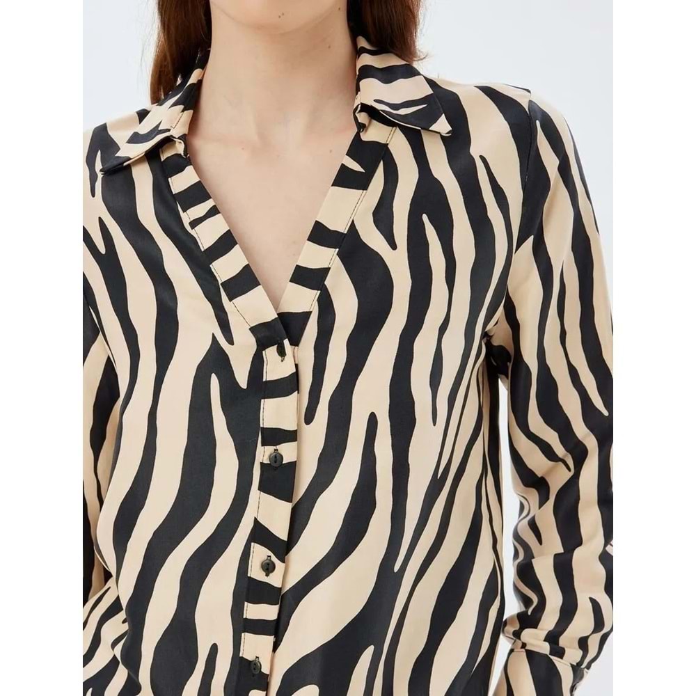 Zebra Desenli Gömlek Uzun Kollu V Yaka - KOTON - 5WAK60053UW - Siyah Desenli - 36