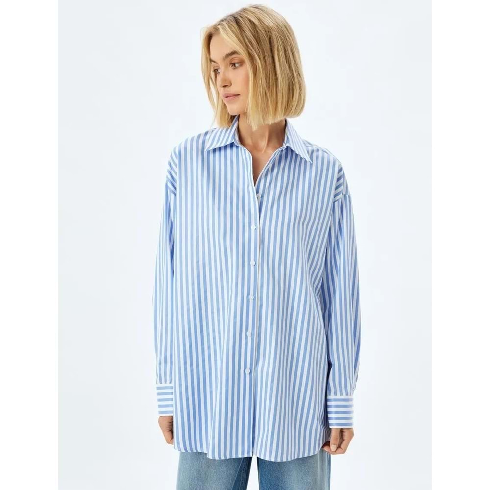 Oversize Gömlek Uzun Kollu Pamuk Karışımlı - KOTON - 5WAK60043PW - MAVİ ÇİZGİLİ - 44