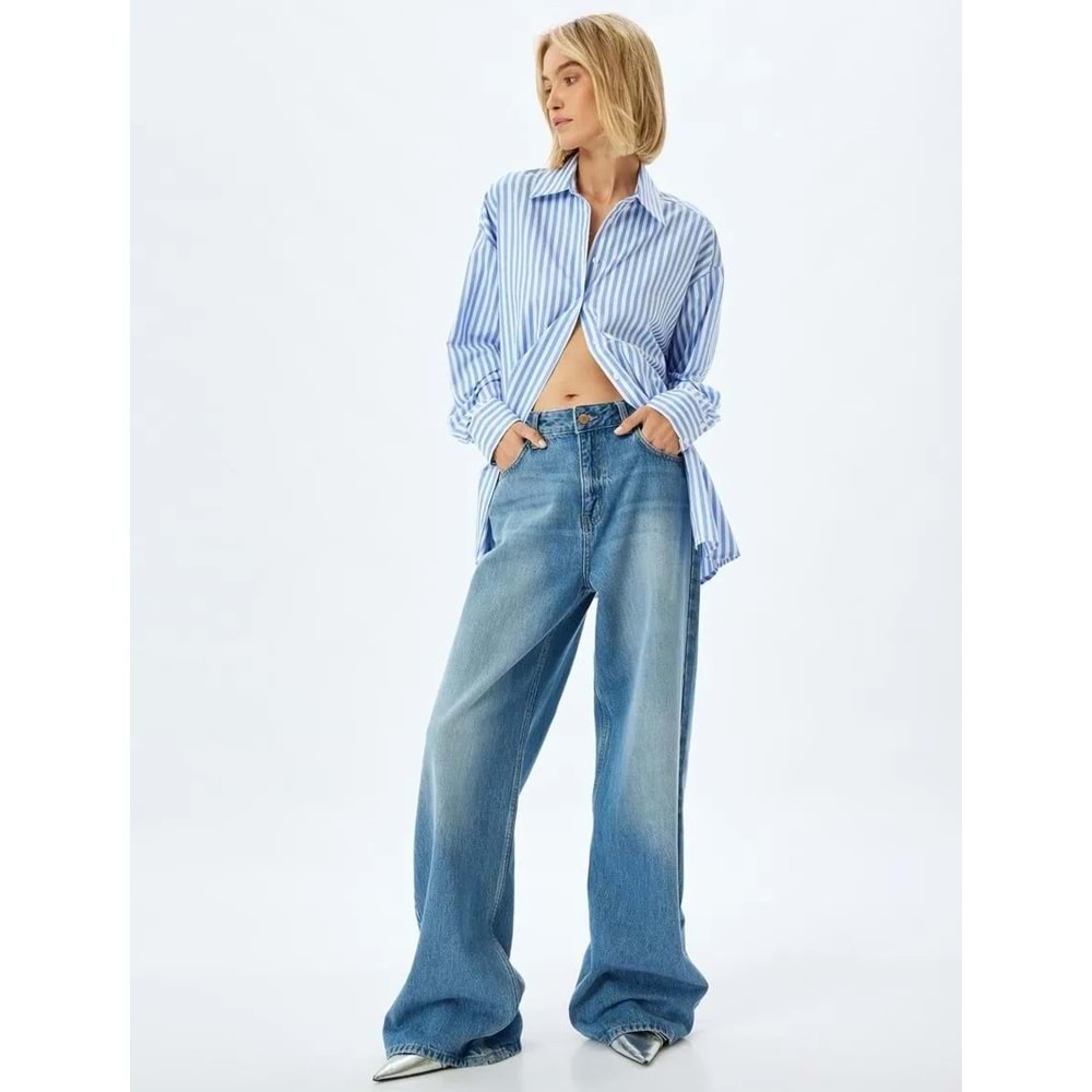 Oversize Gömlek Uzun Kollu Pamuk Karışımlı - KOTON - 5WAK60043PW - MAVİ ÇİZGİLİ - 44