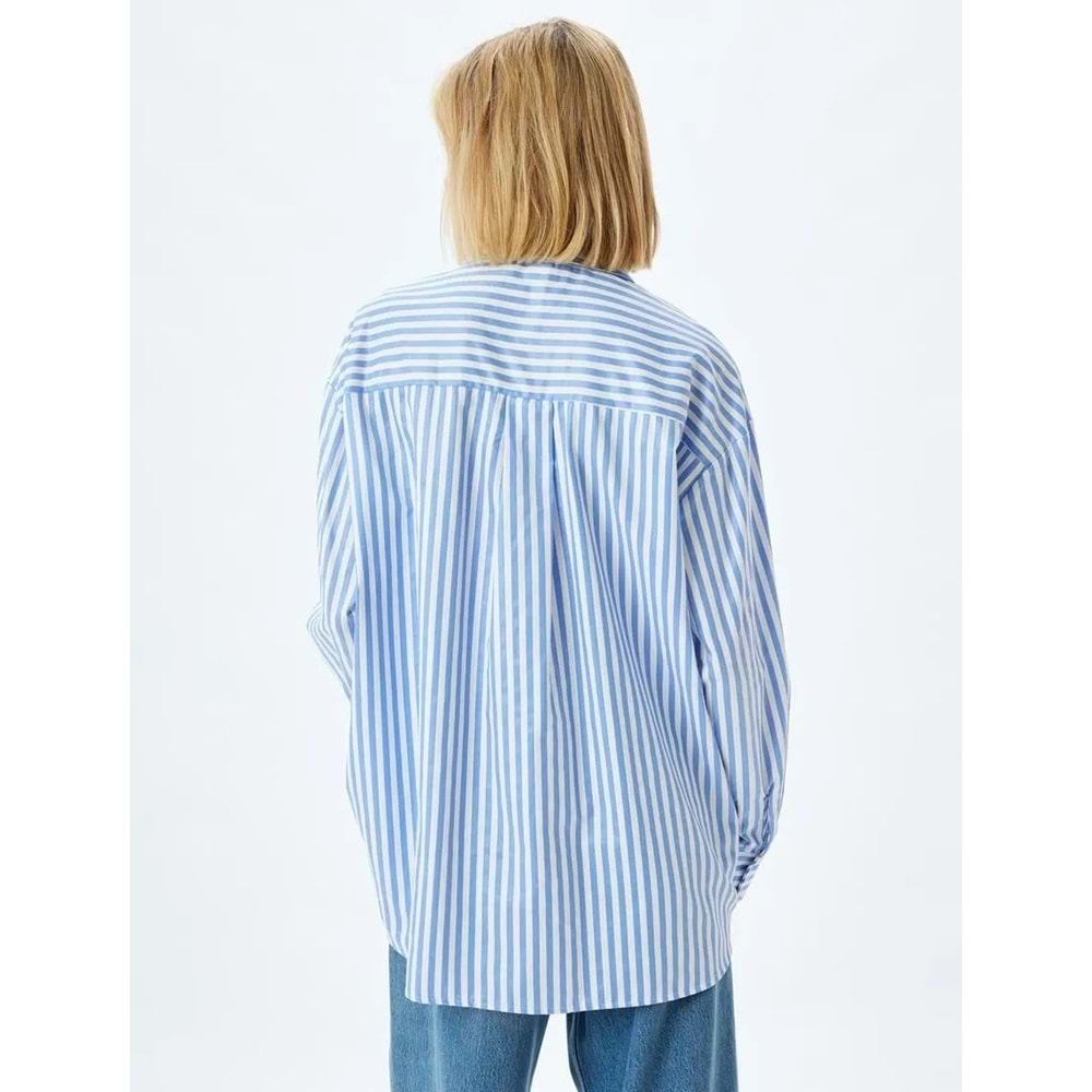 Oversize Gömlek Uzun Kollu Pamuk Karışımlı - KOTON - 5WAK60043PW - MAVİ ÇİZGİLİ - 44