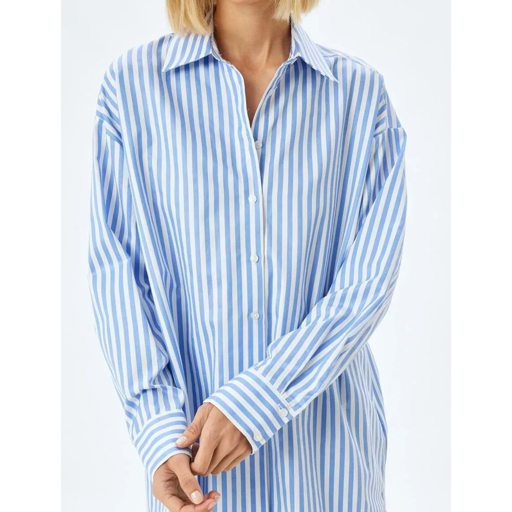 Oversize Gömlek Uzun Kollu Pamuk Karışımlı - KOTON - 5WAK60043PW - MAVİ ÇİZGİLİ - 44