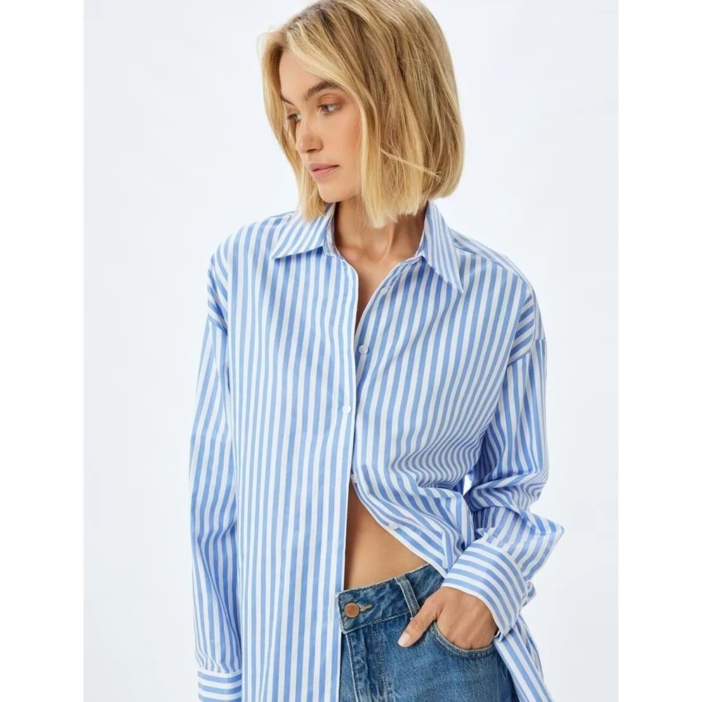 Oversize Gömlek Uzun Kollu Pamuk Karışımlı - KOTON - 5WAK60043PW - MAVİ ÇİZGİLİ - 44