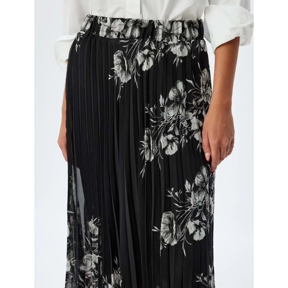Çiçekli Pileli Etek Midi Boy Standart Bel Astarlı - KOTON - 5WAK70069UW - Siyah Desenli - 34