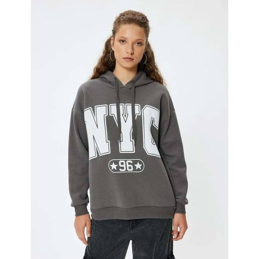 Oversize Kapüşonlu Sweatshirt Kolej Baskılı Şardonlu 5WAL10165IK