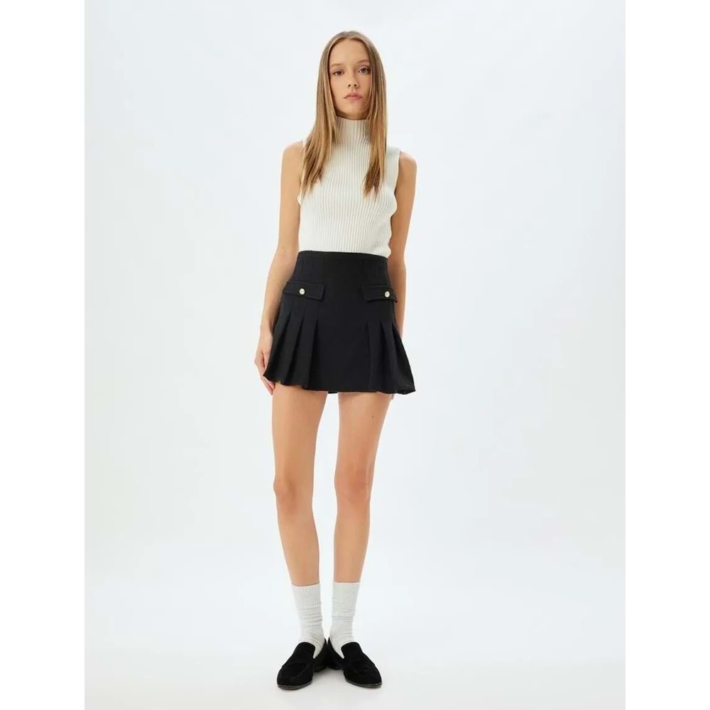 Mini Tüvit Etek Pileli Yüksek Bel - KOTON - 5WAL70025IK - SİYAH - S