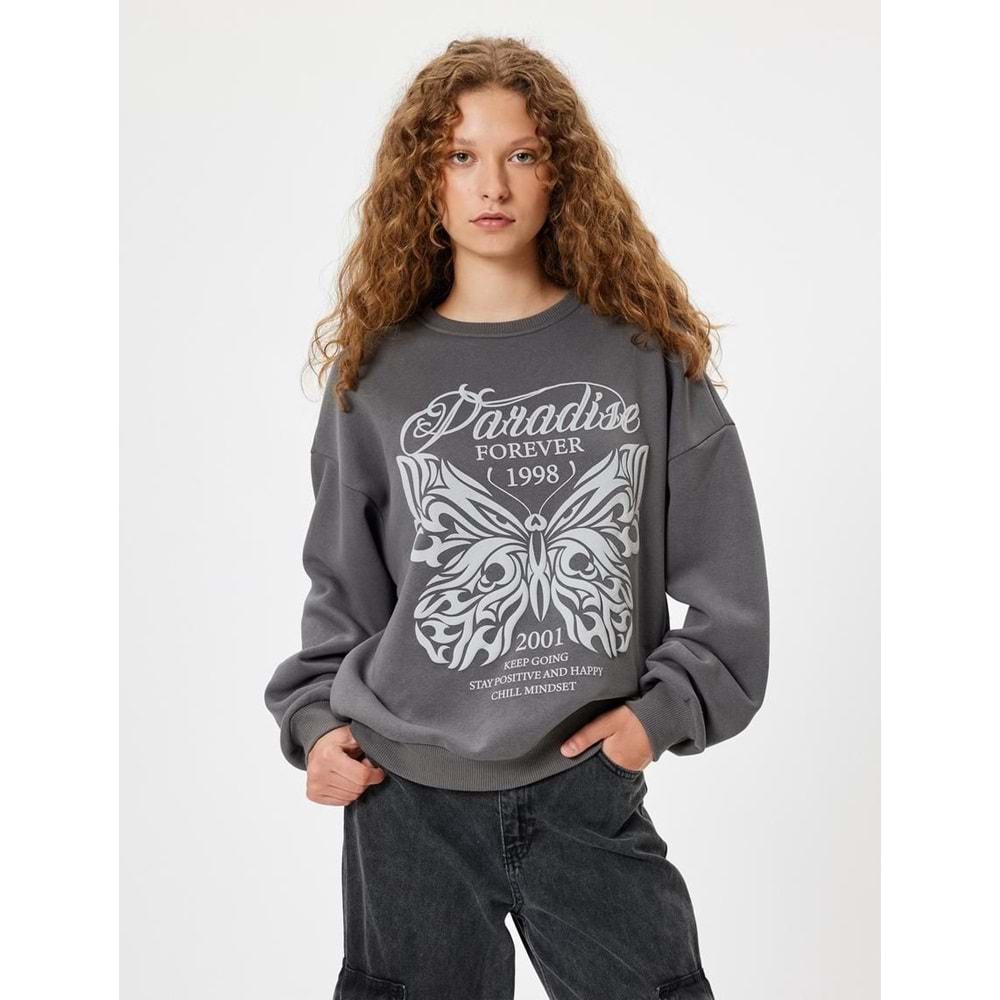 Oversize Sweatshirt Kelebek Baskılı - KOTON - 5WAL10164IK - ANTRASİT - M