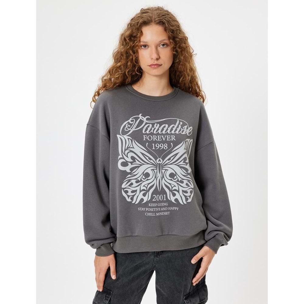 Oversize Sweatshirt Kelebek Baskılı - KOTON - 5WAL10164IK - ANTRASİT - M