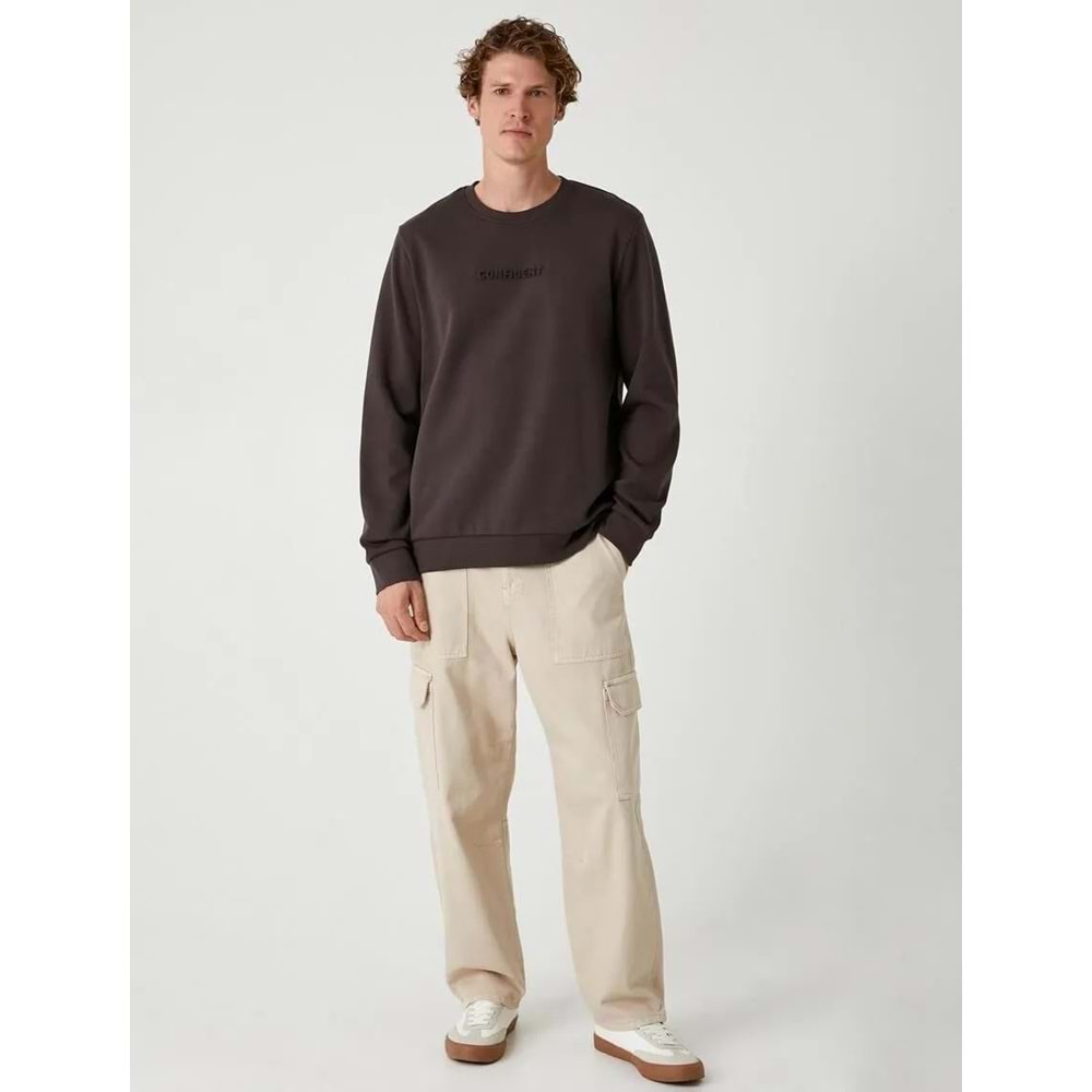 Bisiklet Yaka Sweatshirt Slogan Baskılı Uzun Kollu Pamuklu - KOTON - 5WAM70092MK - KAHVERENGİ - S