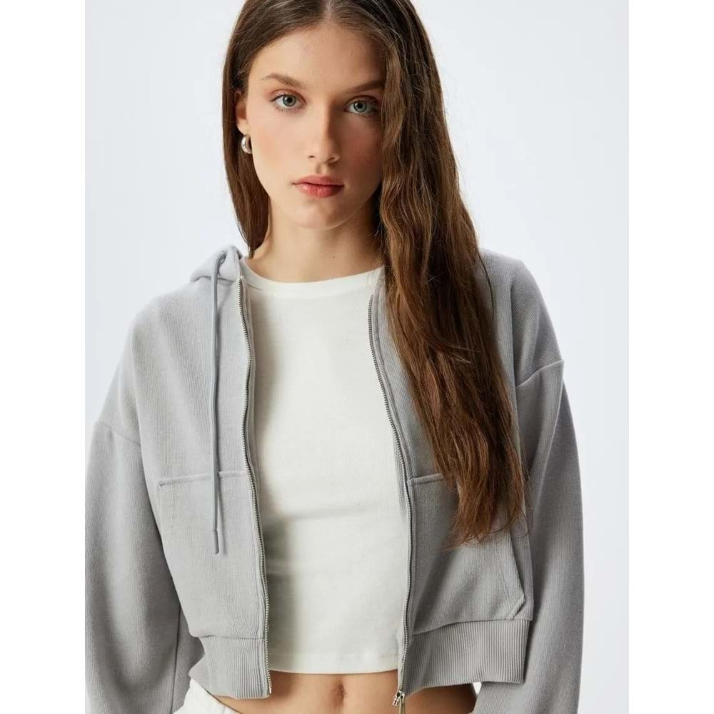 Crop Kapüşonlu Fermuarlı Sweatshirt 5WAK10056EK