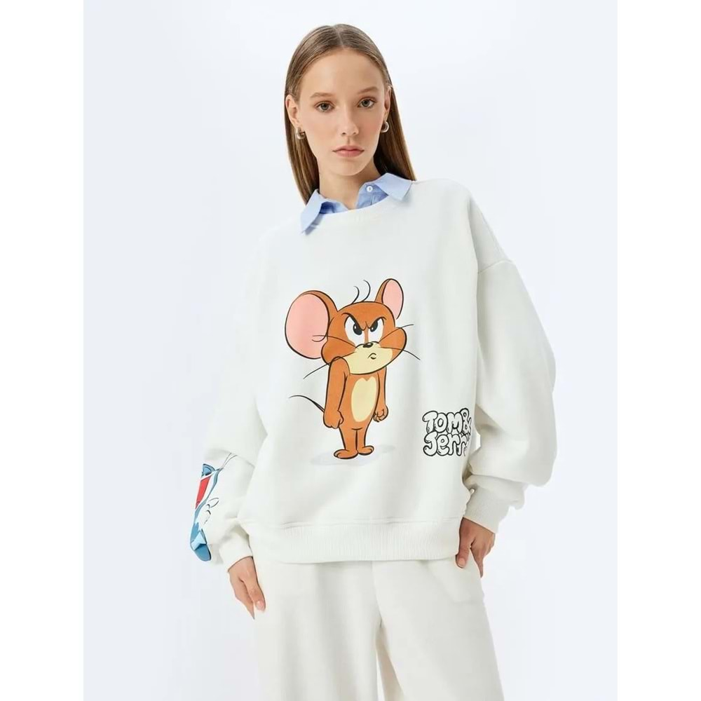 Tom ve Jerry Baskılı Bisiklet Yaka Şardonlu Sweatshirt 5WAL10195IK