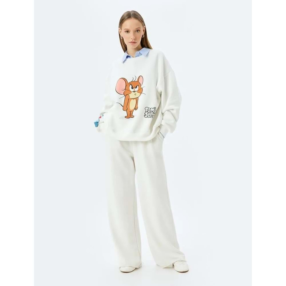 Tom ve Jerry Baskılı Bisiklet Yaka Şardonlu Sweatshirt 5WAL10195IK