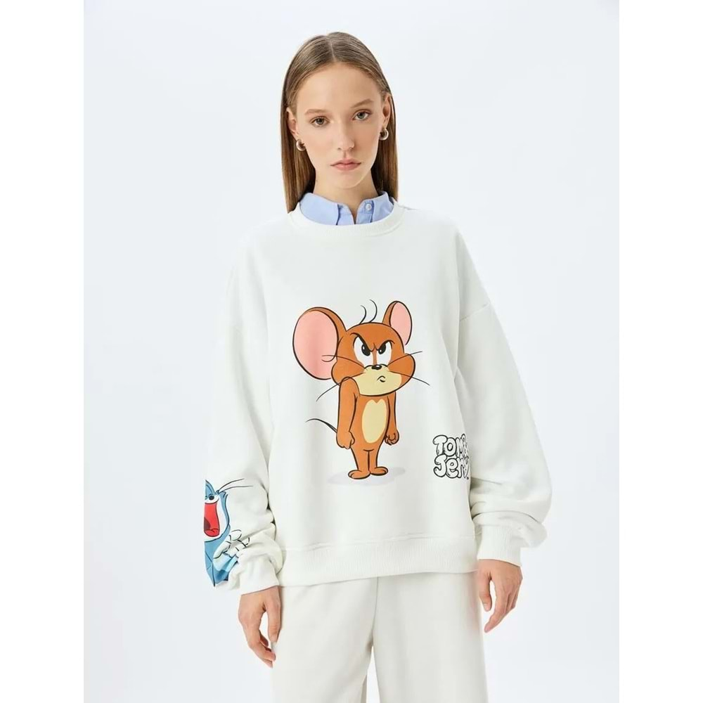 Tom ve Jerry Baskılı Bisiklet Yaka Şardonlu Sweatshirt 5WAL10195IK