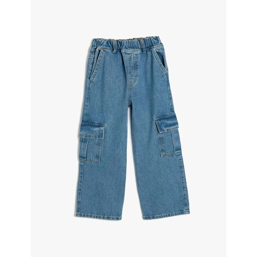 Kız Çocuk Kargo Kot Pantolon Bol Paça Pamuklu - Wide Leg Jean 5WKG40043AD