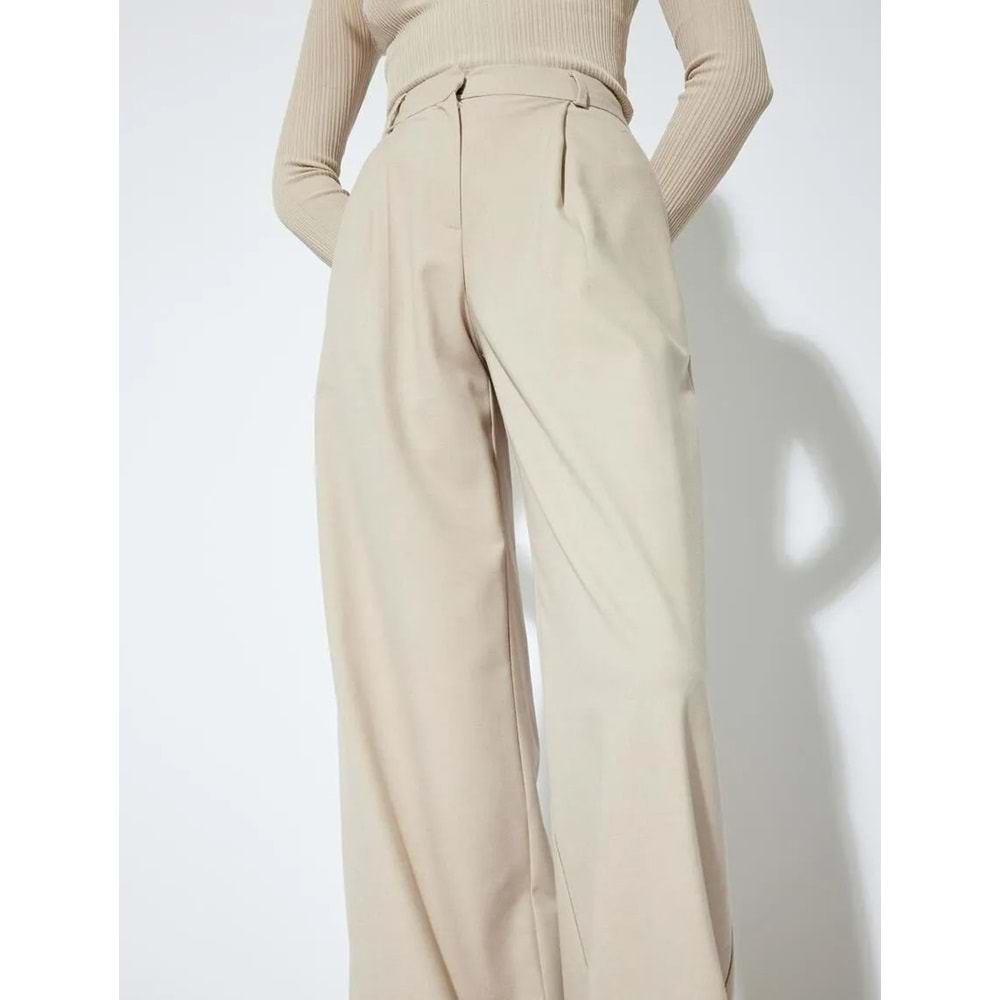 Kadın Giyim Yüksek Bel Geniş Paça Kumaş Pantolon Pile Detaylı 5WAK40148UW - KOTON - 5WAK40148UW - BEJ - 42