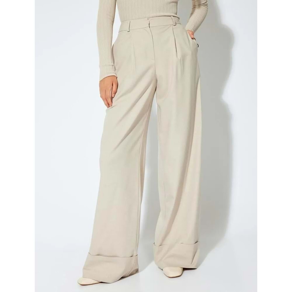 Kadın Giyim Yüksek Bel Geniş Paça Kumaş Pantolon Pile Detaylı 5WAK40148UW - KOTON - 5WAK40148UW - BEJ - 42