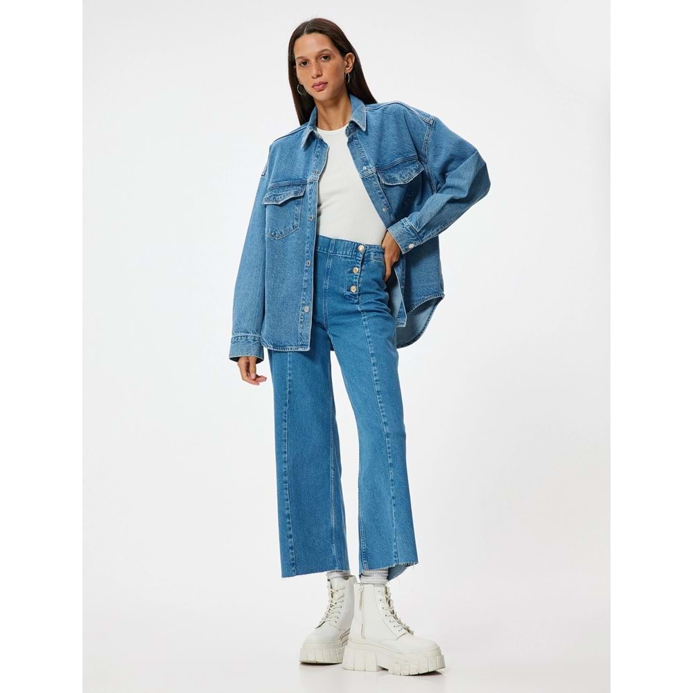 Kadın Giyim Yüksek Bel Kot Pantolon Düğme Detaylı Culotte Jeans 5WAL40025MD - KOTON - 5WAL40025MD - KOYU İNDİGO - 32/32