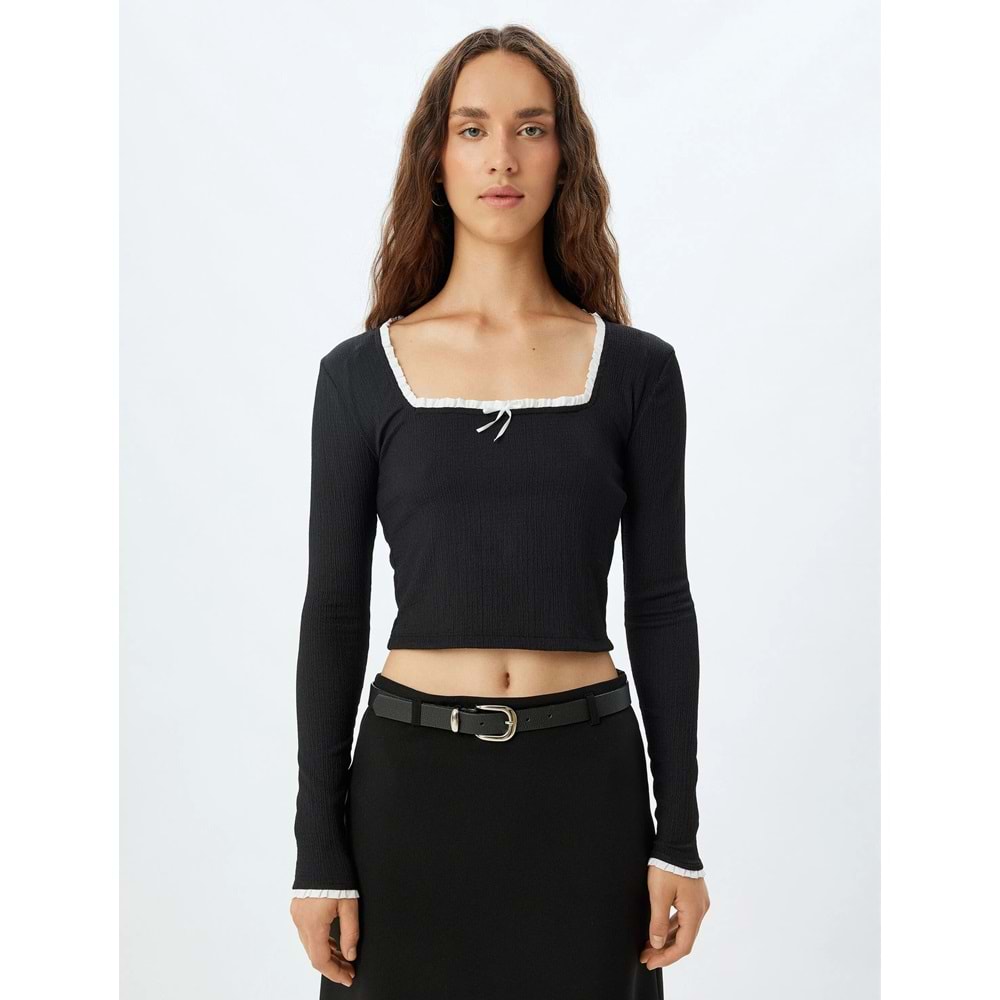 Kadın Giyim Crop Tişört Uzun Kollu Fiyonklu Slim Fit Kare Yaka 5WAL10519IK - KOTON - 5WAL10519IK - SİYAH - L