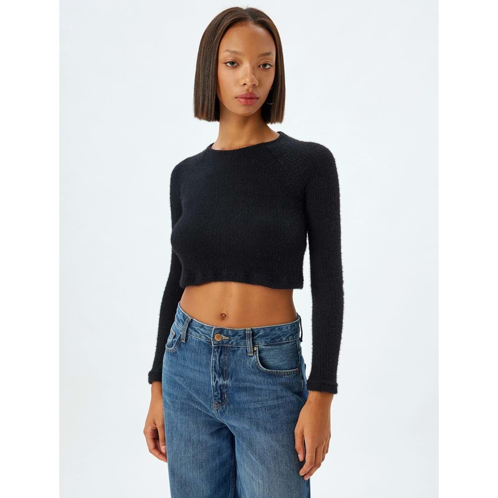Kadın Giyim Uzun Kollu Body Crop Kayık Yaka Yumuşak Dokulu 5WAL10732IK - KOTON - 5WAL10732IK - SİYAH - S