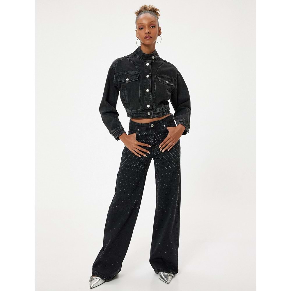 Kadın Giyim Kot Pantolon Taşlı - Bianca Wide Leg Jeans 5WAL40088MD - KOTON - 5WAL40088MD - SİYAH - 29/32