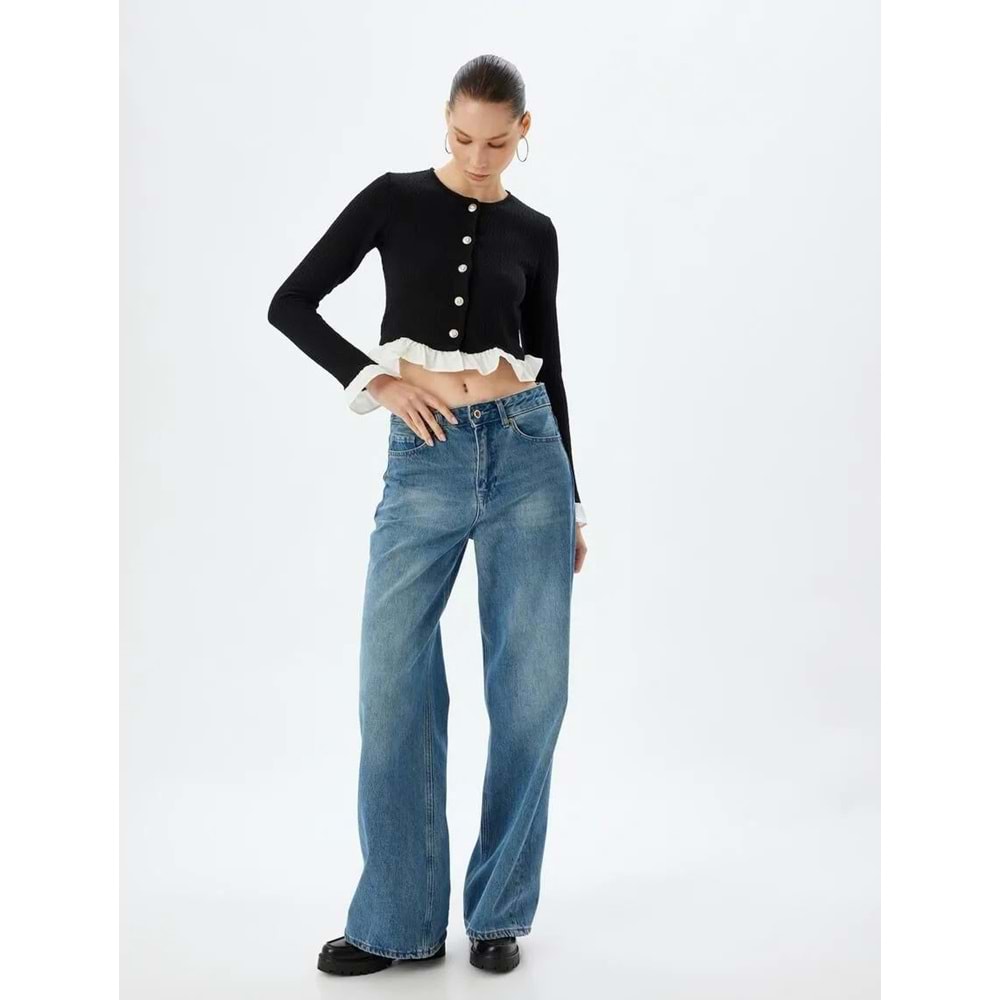 Kadın Giyim Crop Hırka Düğmeli Fırfır Detaylı KOTON - 5WAL90024IK - SİYAH - XS