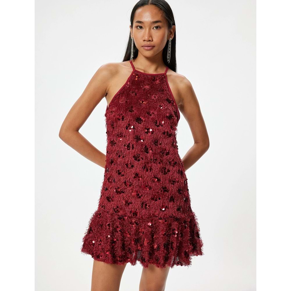 Kadın Giyim Payetli Mini Abiye Elbise Halter Yaka Kolsuz Volanlı - KOTON - 5WAK80003FK - BORDO - L