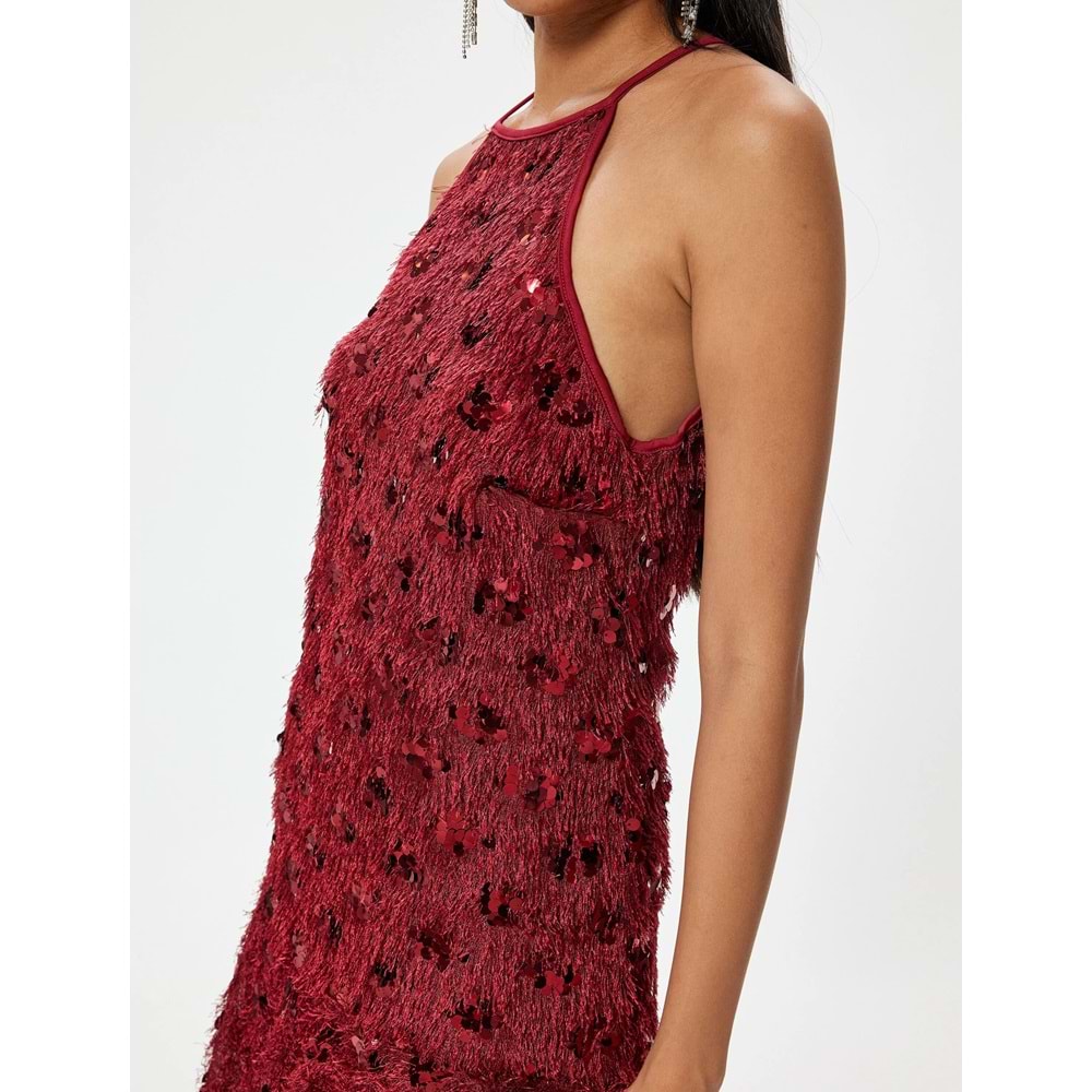Kadın Giyim Payetli Mini Abiye Elbise Halter Yaka Kolsuz Volanlı - KOTON - 5WAK80003FK - BORDO - L