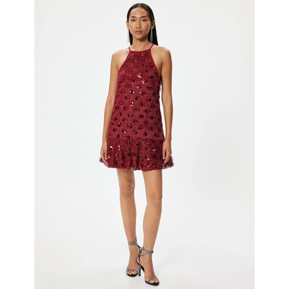 Kadın Giyim Payetli Mini Abiye Elbise Halter Yaka Kolsuz Volanlı - KOTON - 5WAK80003FK - BORDO - L