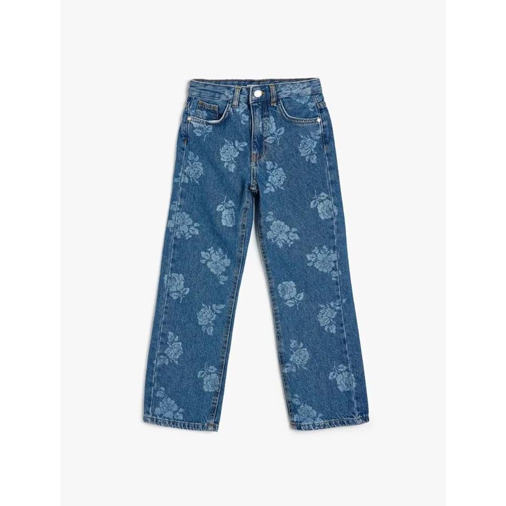 Kız Çocuk Kot Pantolon Çiçek Baskılı Cep Detaylı Pamuklu - KOTON - 5WKG40097AD - ORTA İNDİGO - 13-14 YAŞ